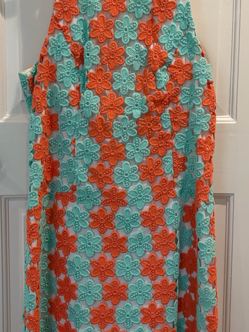 Lilly Pulitzer dress with Coral & Aqua Blue Crochet flowers.